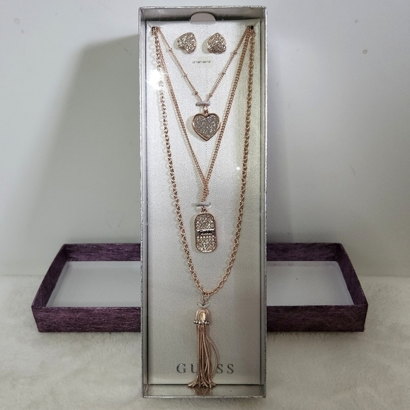 Guess Rose Gold Tone Rhinestones Heart Triple 3 Layered Necklace Earrings Set - Picture 1 of 10